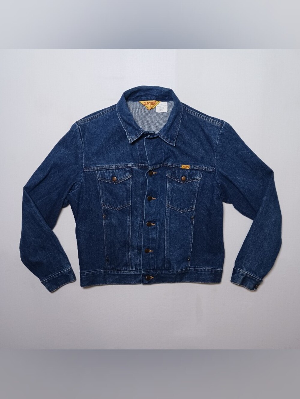 Vintage 70s Rustler Mens 13 Oz Denim Jean Trucker Jacket Large Dark Wash USA